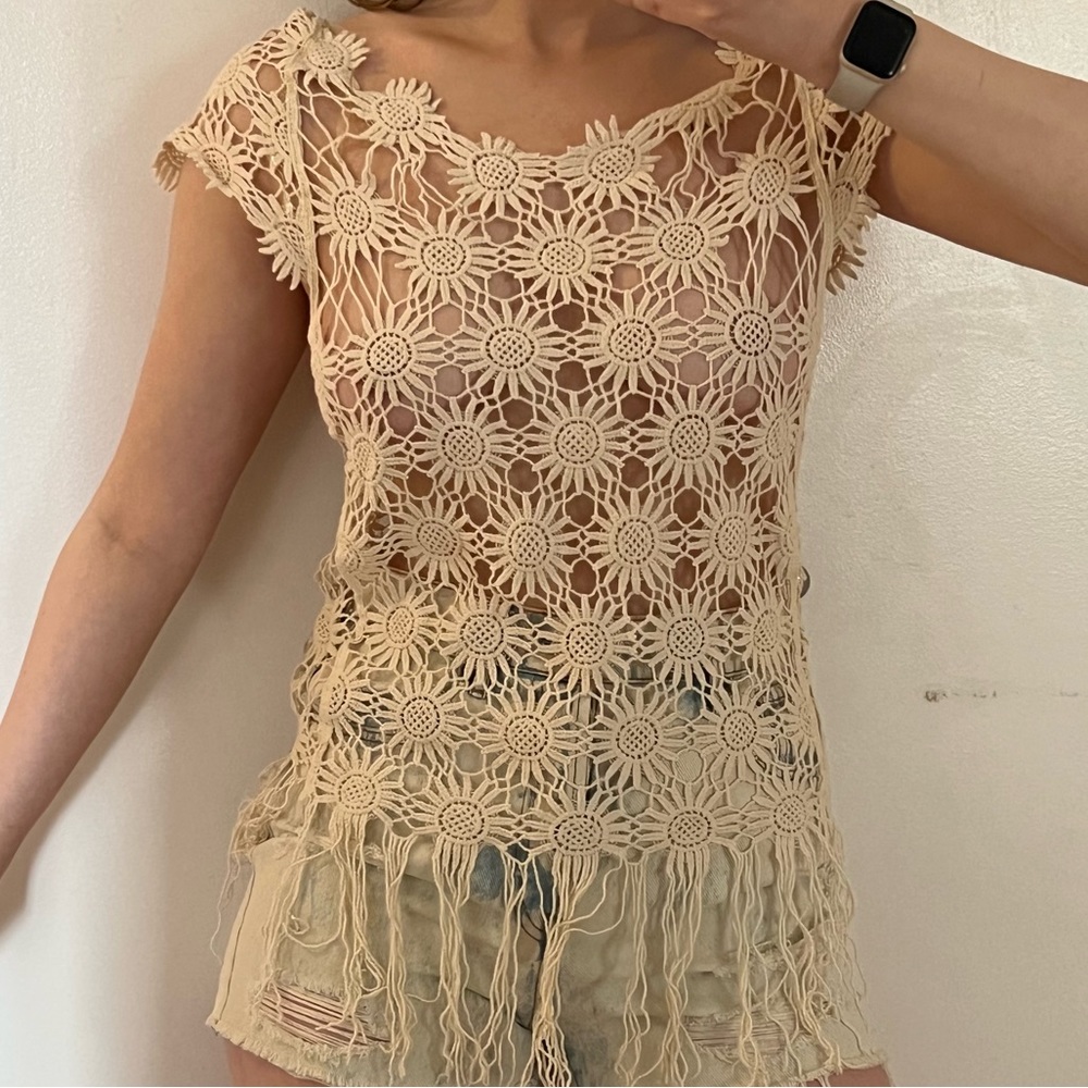 Nabee crotchet sun flower boho top tan m